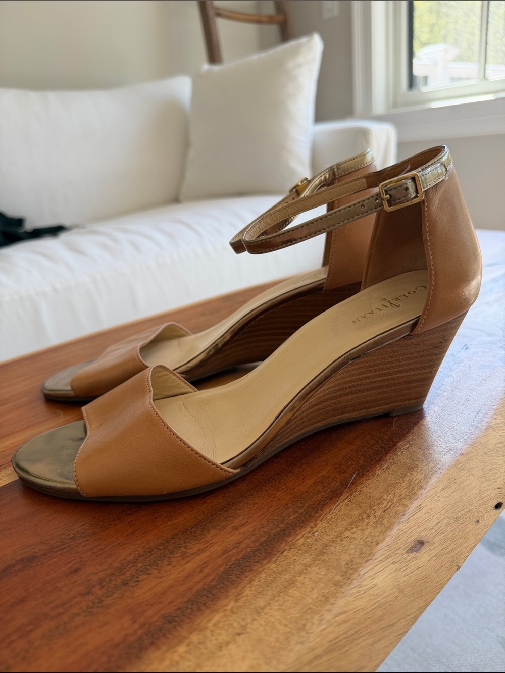 Cole Haan Women's Tan Wedge Sandals with Ankle Strap